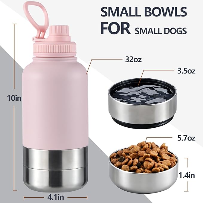 Cibaabo Insulated Dog Water Bottle with 2 Bowls, 32oz Travel Stainless Steel Double Wall Thermos, Portable Pet Dispenser, Puppy Small Medium Dog Mom Gifts for Walking Hiking and Camping