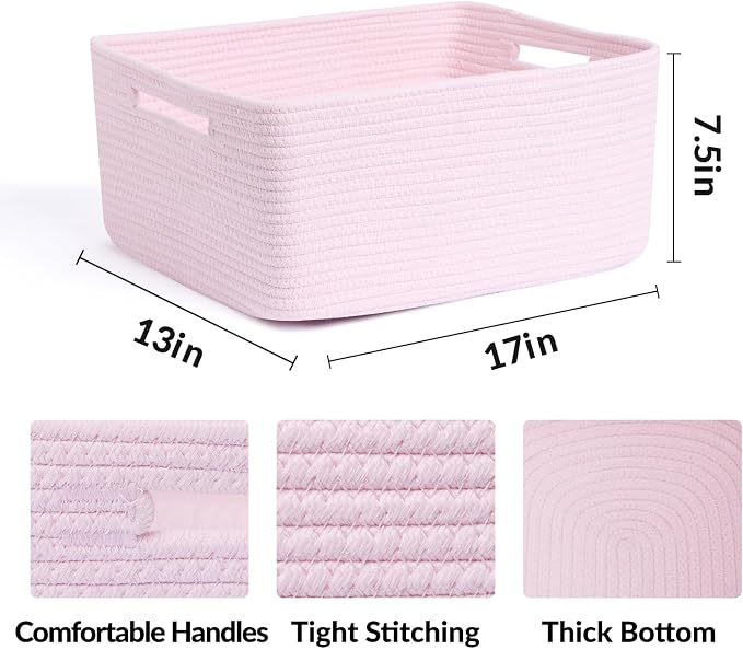 MiniArk Large Storage Baskets for Organizing, 17 x 13 x 7.5” Closet Shelf Baskets for Clothes Blanket Towels, Baby Nursery, Toy Bins Box, Woven Rope Baskets, 4 Packs Light Pink
