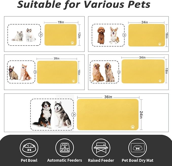 HotLive Dog Food Mat - Absorbent Cat Mat for Food and Water, No Stains Pet Feeding Bowl Mat, Easy to Clean Pet Placemats, Quick Dry Dog Water Dispenser Mat for Messy Drinkers | Paw Yellow 12"x 19"