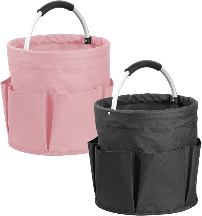 2Pcs 17L Cleaning Caddy with Handle, 600D Oxford Garden Tool Bag,Black+Pink | IHOMAGIC Cleaning Supplies Caddy with 6-Pocket, Water-Resistant Tool Bucket Organizer, Storage Basket for Family, Dorm, Hotel