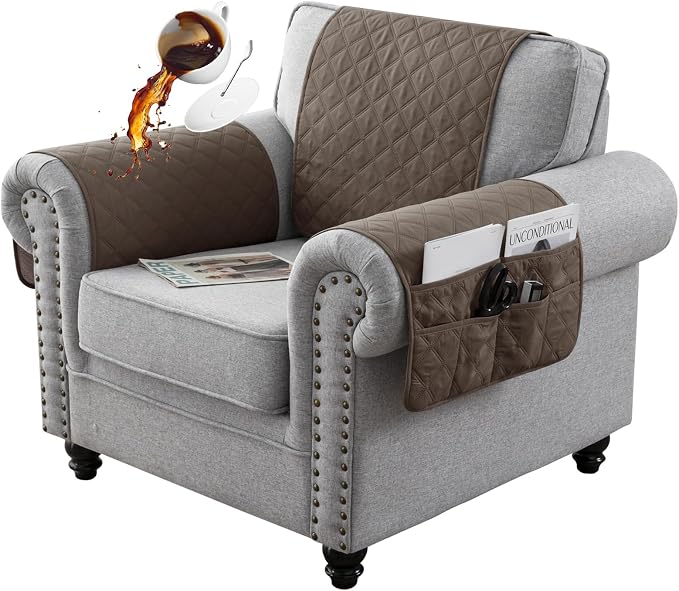 Armchair Arm Cover, Headrest Cover for Recliner Chair Waterproof Nonslip Lengthen Armrest Slipcover with Organizer for Recliner, Chair, Sofa (Taupe,1 Seater 3pcs)