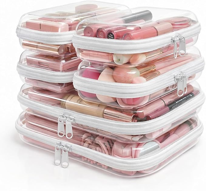 6 Pack Clear Hard Shell Zipper Case, Clear Zipper Pouches for Organizing, Diaper Bag Organizer Pouches, Plastic Cosmetic & Travel Toiletry Pouch Set (2M+4S)