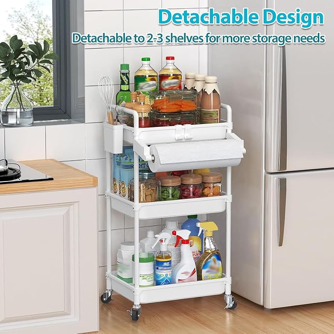 SPACEKEEPER Rolling Storage Cart, 3 Tier Utility Cart for Bathroom, White | Rolling Cart with Lockable Wheels, Towel Rack, Hooks & Cup for Laundry Room,Kitchen,Office, Snack,Craft,Art,Makeup,Nail,Toys