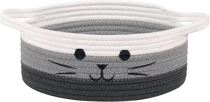 Cute Cat Basket, Small Woven Basket for Cat Toy Storage, 9.8"x4" | Cat Toy Bin With Handles, Decorative Basket for Cats Dogs, Storage Basket for Toys Nursery, Mixed & Grey