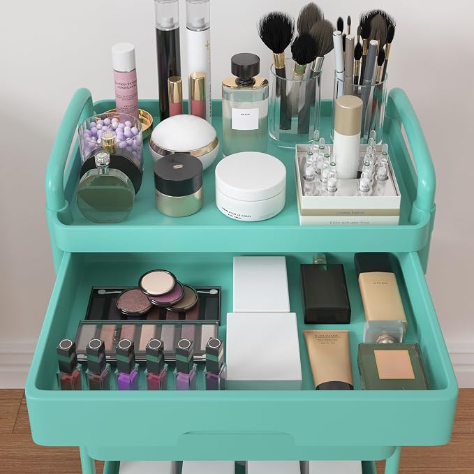 Calmootey 3-Tier Utility Cart with Drawer & Wheels, Storage for Home,Office | Space-Saving Organizer, Sturdy Plastic Shelves, Smooth-Rolling Metal Wheels, Built-in Drawer for Small Items, Green