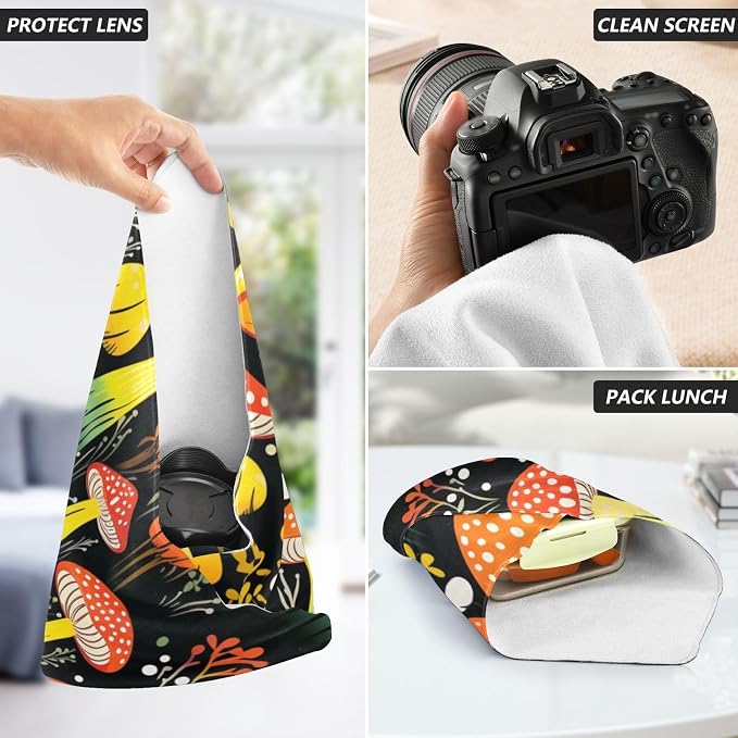 JIPONI Mushroom Fall Makeup Bag, Self-Adhesive Magic Wrap Cloth, Portable Cosmetic Organizer, Camera Lens Protector, Travel Storage for Beauty Essentials, 21.7"x21.7"