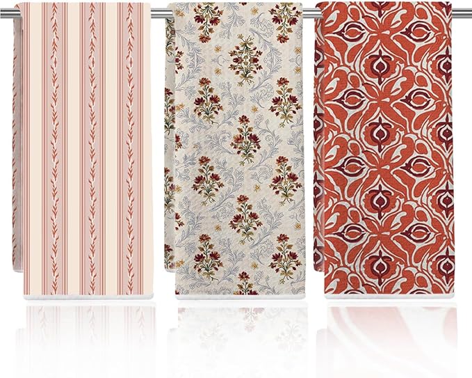 3 Pcs Retro Flower Kitchen Towels, Colorful Flower Soft Absorbent Hand Tea Towel, Microfiber Dish Cloths for Drying Dishes, Waffle Dish Towels for Kitchen Farmhouse Decor, Floral Gifts for Women Mom01