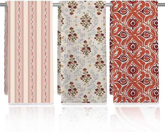 3 Pcs Retro Flower Kitchen Towels, Colorful Flower Soft Absorbent Hand Tea Towel, Microfiber Dish Cloths for Drying Dishes, Waffle Dish Towels for Kitchen Farmhouse Decor, Floral Gifts for Women Mom01