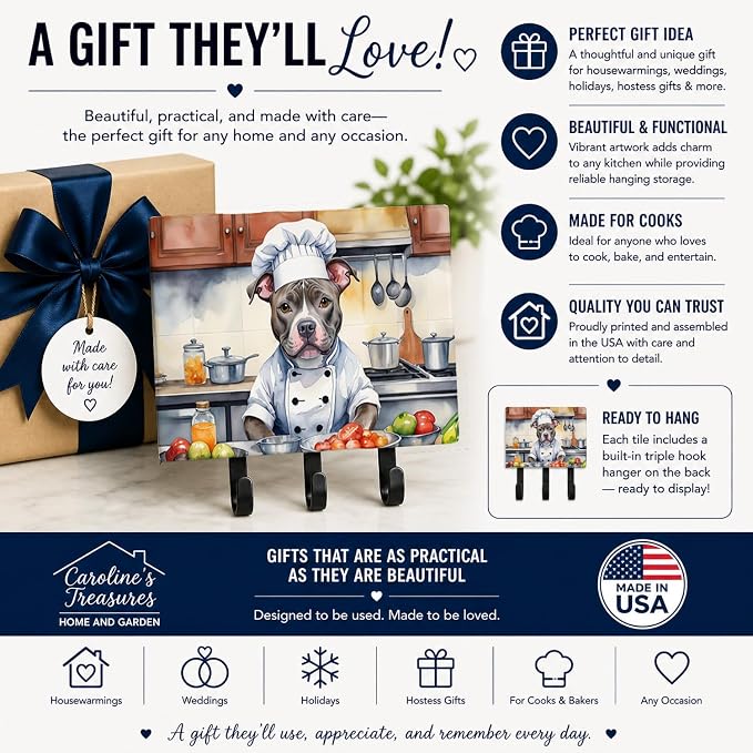 Caroline's Treasures Pit Bull Terrier The Chef Leash or Key Holder Wall Hooks, Key Hooks Holder, Coat Rack Wall Mount, Coat Hooks, Hooks for Hanging Keys, Towels, Aprons, Leashes | Pit Bull Terrier The Chef artwork on ceramic tile with three steel hook...