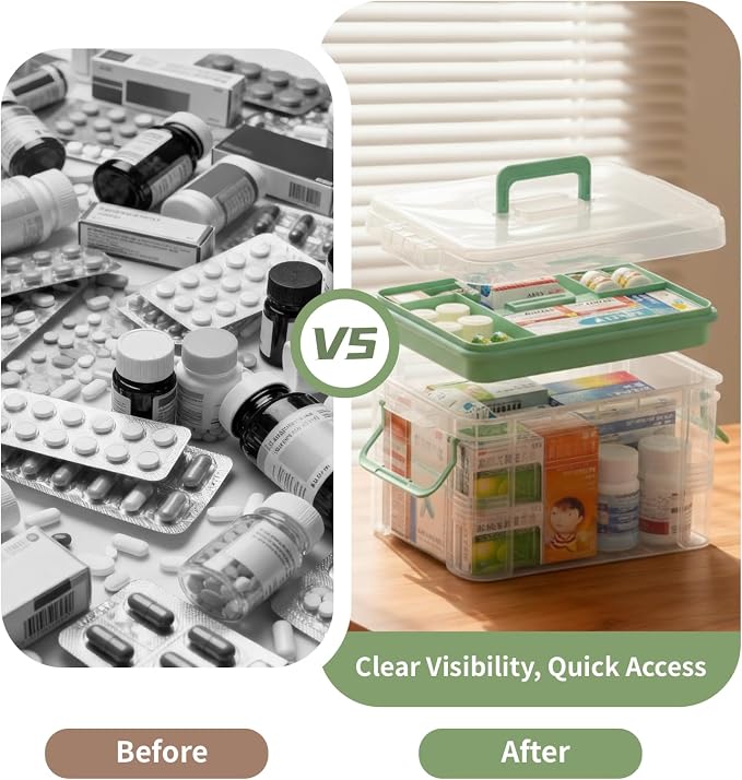 2-Pack Clear Medicine Storage Box Set with Pill Organizer | Portable Stackable with Built-in Handle, Clear View, Divided Tray, Plastic Medicine Cabinet Organizer for Home, Dorm, Travel
