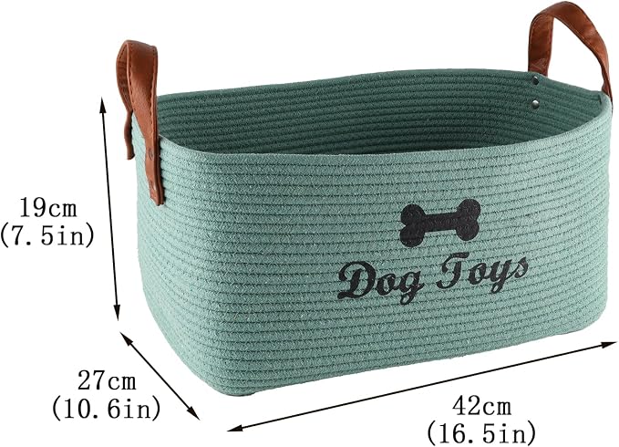 X-Large Cotton Rope Dog Basket with Leather handle Blanket Storage Basket Decorative Clothes Hamper Basket | Extra Large Baskets for Blankets or Laundry-Geen