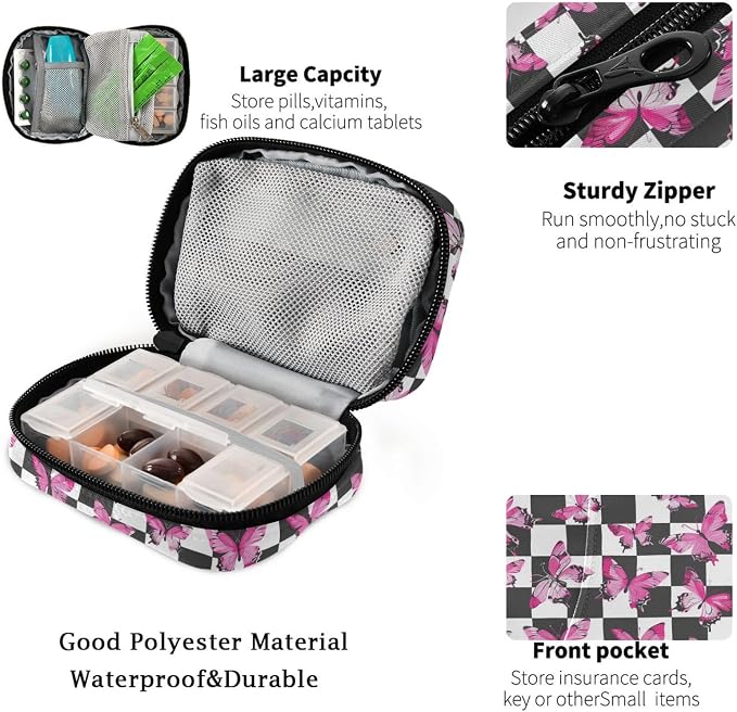 Fustylead Pink Butterflies Print Over Checkers Background Travel Pill Case Bag with Zipper Weekly Pill Box 8 Compartments 7 Day Personal Pill Case Purse Medicine Case Organizer