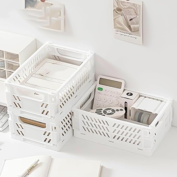 Tobeso-Nuoze Small Pastel Plastic Storage Bins 2Pcs Foldable Pastel Crates | Basket Colorful Storage Containers Baskets for Classroom Kitchen Office Bedroom Desktop Home Decor (White 9.8" x 6.5" x 3.8")
