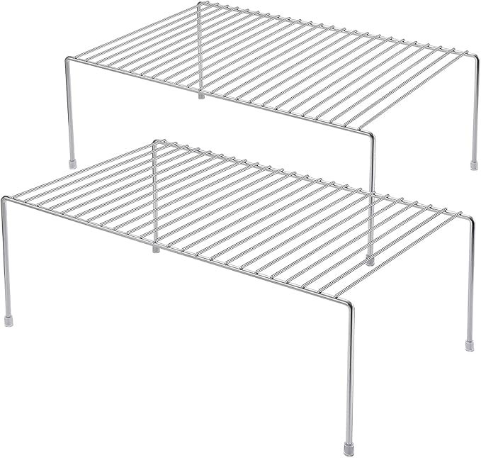 Kitchen Cabinet Shelf Organizer Set of 2, Large (15.7 x 9.4 inch) Metal Wire Pantry Storage Shelves, Dish Plate Racks for Cabinets, Freezer, Counter, Cupboard Organizers and Storage, Chrome