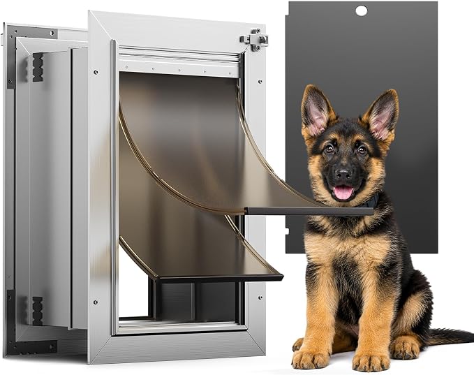 Dog Door for Wall, Medium Doggy Door, Heavy Duty Cat Pet Door, All Aluminum Frame, 2 Magnetic Flaps, Energy Efficient, Sliding Lock Panel, Easy to Install (Pets Up to 45 LB) | 2 Magnetic Flaps, Energy Efficient, Wide Telescoping Tunnel, Closing Panel &...