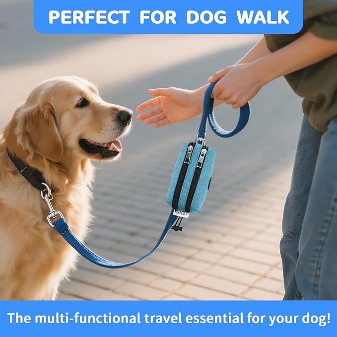 Dog Poop Bag Holder with Treat Pouch, 2 Zipper Pockets & Leash Clip | Waste Bag Dispenser with 1 Roll Poop Bags, Quick Access Treat Storage, Hands-Free Design for Dog Walking, Training & Travel