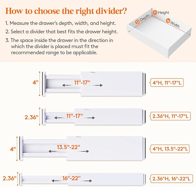 Lifewit 4" High Upgrade Drawer Divider, Adjustable Drawer Organizer Clothes | 4 Pack 11"-17" Expandable White Plastic Drawer Separator for Dresser, Kitchen, Closet, Nursery, Office Organization & Storage