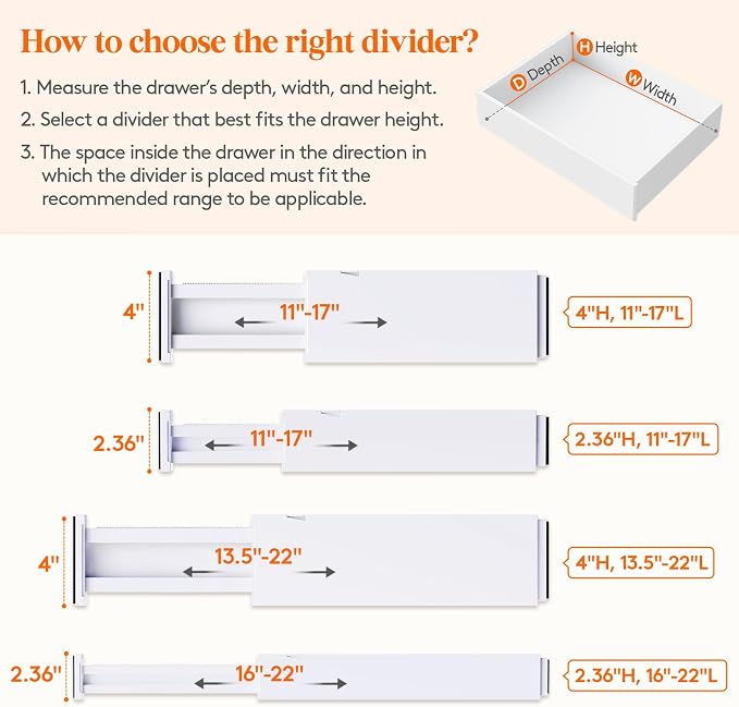 Lifewit 5 Pack Upgrade Drawer Dividers for Clothes, 4" High 11"-17" Adjustable Dresser Drawer Organizers, Expandable White Plastic Drawer Separators for Kitchen, Nursery, Office Organization & Storage | 5 Pack 11"-17" Expandable White Plastic Drawer Se...
