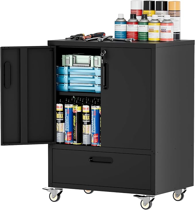 Metal Rolling Tool Storage Cabinet with 2 Locking Doors and 1 Drawer,Black | Heavy Duty Mobile Tool Cabinets for Garage,Metal Storage Cabinets with Wheels,Assembly Required