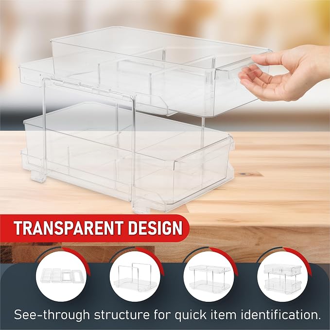 Masirs 2-Tier Clear Pull-Out Drawer Organizer - Sleek, Compact & Sturdy Makeup and Closet Organizer - Easy Assembly Kitchen Storage Solution, Ideal for Makeup, Tools, Medicines & Snacks