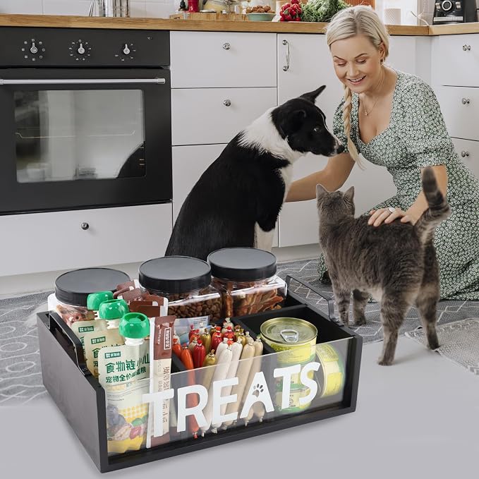 Dog Treat Container cat food container with 3 Jars & Compartments pet treat storage with handle dog treat container for countertop