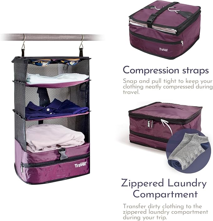Stow-N-Go Hanging Travel Shelves, Packing Organizer for Luggage. Carry on Closet for Suitcase. Expandable Packing Cube. Travel Essentials. (Burgundy - L, L = (L) 11.8" x (W) 11.8")