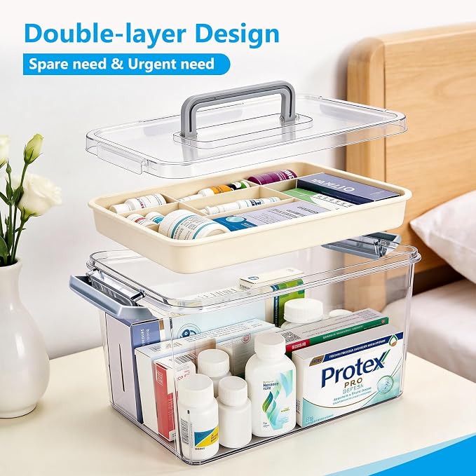 Plastic Medicine Storage Organizer & First Aid Box, Medicine Box with Handles, Multipurpose Medical Supply Organizer with Removable Tray for Home, Office & Travel (X)