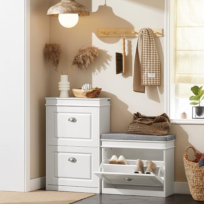 Haotian Small Shoe Cabinet for Entryway | Shoe Storage Bench with 1 Flip-Drawer and Seat Cushion, White, FSR82-K-W
