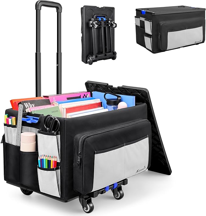 KEDSUM 2 in 1 Rolling Cart with Canvas Organizer Bag, 290LBS/70L Capacity Collapsible Teacher Rolling Cart with Lid for School, Craft, Office & Garden, Ideal for Teacher, Therapist & Crafter