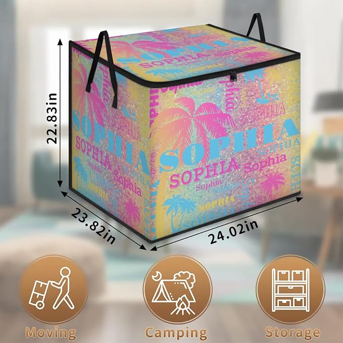 Personalized Storage Bags with Lid Large Blanket Clothes Pink Blue Yellow Palm Trees Colorful Glittering Storage Containers for Comforters,Bedding, Foldable Organizer with Reinforced Handle