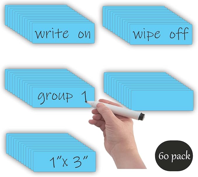 STTMGN Dry Erase Magnetic Labels (1x3,Pack of 60),Write On Magnets Sticker,Waterproof/Reusable for Classroom&Office&Cabinet&whiteboard&Fridge&More (Blue)