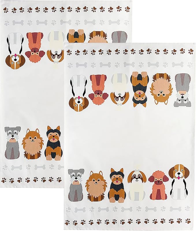 SPOTTED DOG GIFT COMPANY Dog Kitchen Towels Set of 2, 100% Absorbent Cotton Dish Towels for Drying Dishes, Happy Dogs Themed Kitchen Accessories, Gifts for Dog Lovers 20"x28"