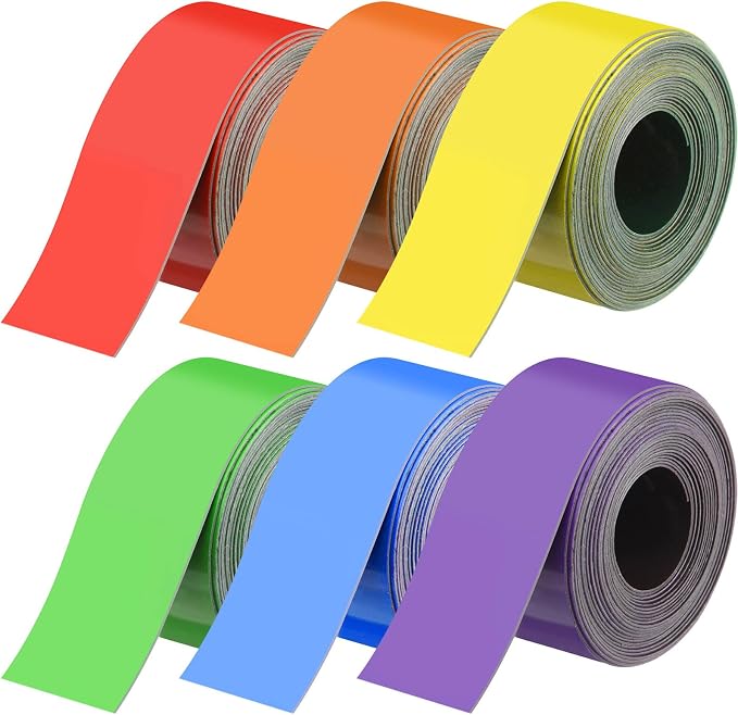 6 Pcs Dry Erase Magnetic Tapes for Classroom Colored Rainbow Adhesive Magnetic Strips Blank Sticky Labels Writable Sheet for Back to School Whiteboard Refrigerator DIY(2 in X 9.8 ft,Classic)