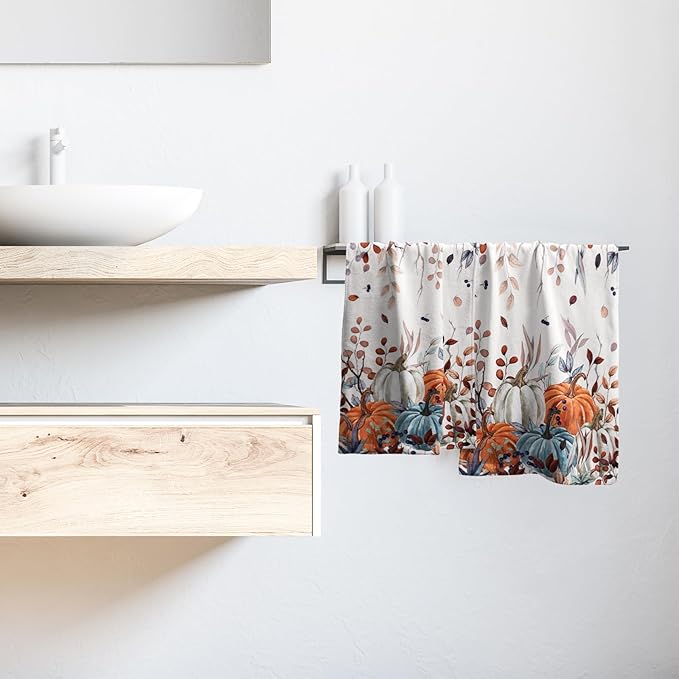 Giwawa Fall Hand Towel Set of 2, Autumn Leaf Orange Blue Pumpkins Decorative Towels, Colorful Harvest Thanksgiving Face Fingertip Towel Dish Wash Cloth for Bathroom Hotel Gym Home Spa