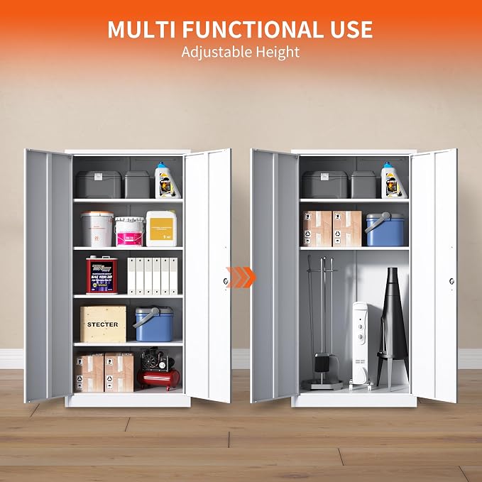 Metal Storage Cabinet for Garage, Tool Cabinet, Utility Cabinet | Tall Tool Cabinet, Lockable, 2 Doors, 4 Adjustable Shelves, Assembly Required, White