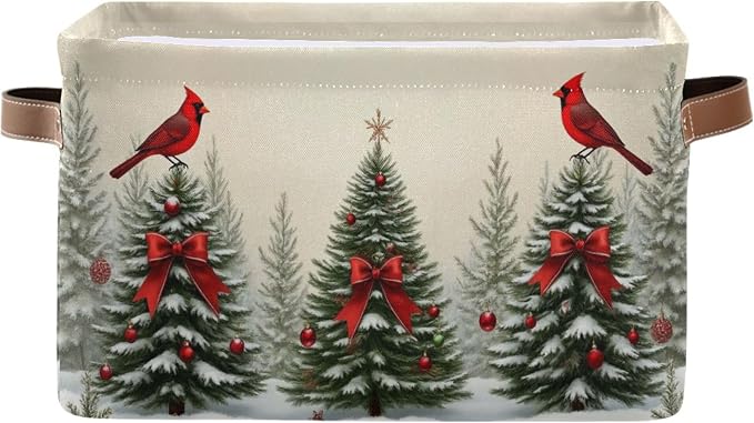 Christmas Tree Cardinals Birds Storage Basket with Waterproof Liner and PU Handles Winter Xmas Tree Bow Storage Bins Boxes 14.2" Collapsible Decorative Organizer Baskets for Bedroom Office 1 Pack