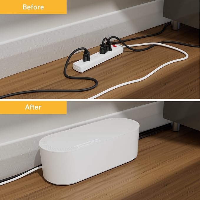 D-Line Cable Management Box with 6 AC Outlet 6ft Power Strip, Hide Extension Cords and Excess Wire Clutter, 12.75in (L) x 5in (H) x 4.5in (W) - Small, White