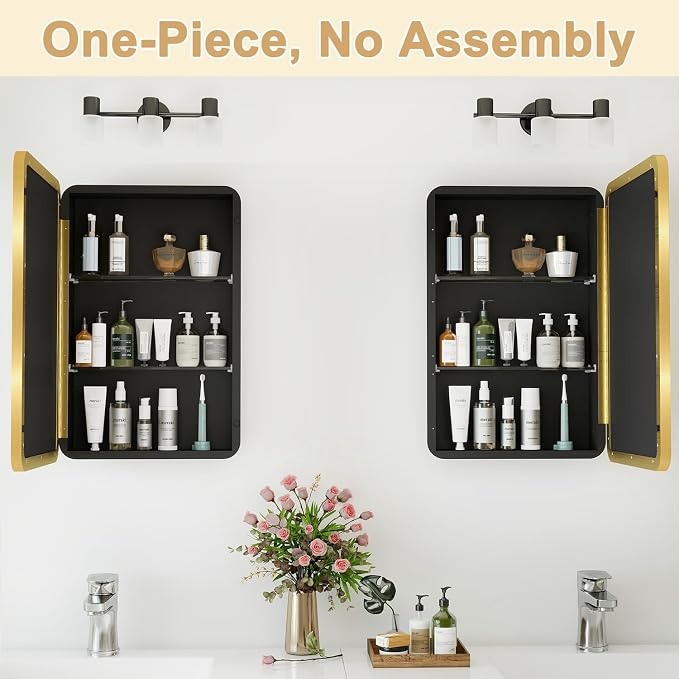 20x28 in Brushed Gold Medicine Cabinet with Mirror for Bathroom, Gold
