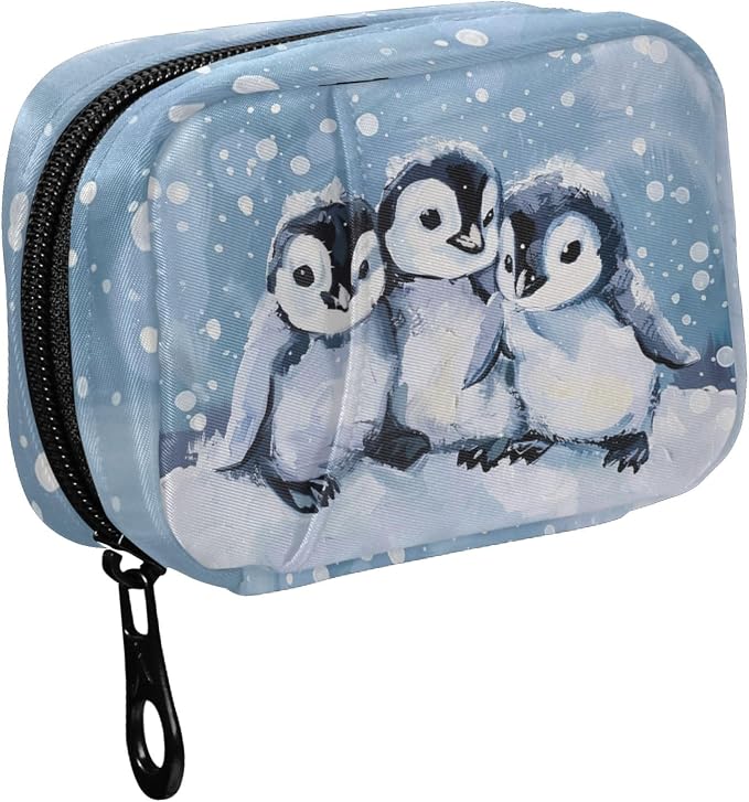 Fustylead Cute Hand Draw Winter Penguins Pill Organizers 2 Times A Day Pill Case Bag with Zipper Portable Weekly Pill Dispensers for Vitamin Supplement