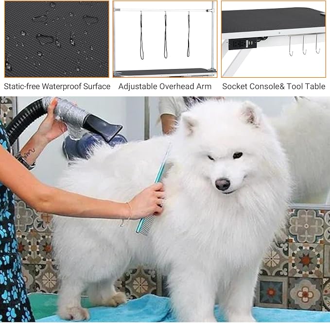 50" Electric Dog Grooming Table, 9"-40" Height Adjustable Heavy Duty Pet Grooming Table with Anti Slip Tabletop, 3 Grooming Noose, Tool Organizer, for Dogs & Cats, White