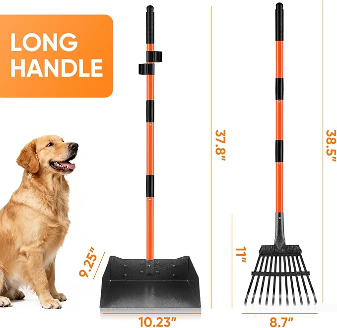 Pooper Scooper for Large Dogs, Heavy Duty Long Handle XL Metal Rake & Tray | Fits Multiple Pets,Stainless Steel, Rust-Proof, 38.5" Extended Reach, for Grass Dirt Gravel, Heavy Duty, No Bending Required