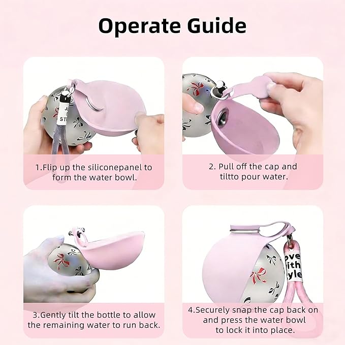 2 In 1 Portable Dog Water Bottle with Foldable Silicone Bowl, 10 Oz Travel Water Bottle for Dogs Drinking, Leakproof Stainless Steel Pet Water Bowl for Outdoor Walking Hiking Camping (Pink with Print)