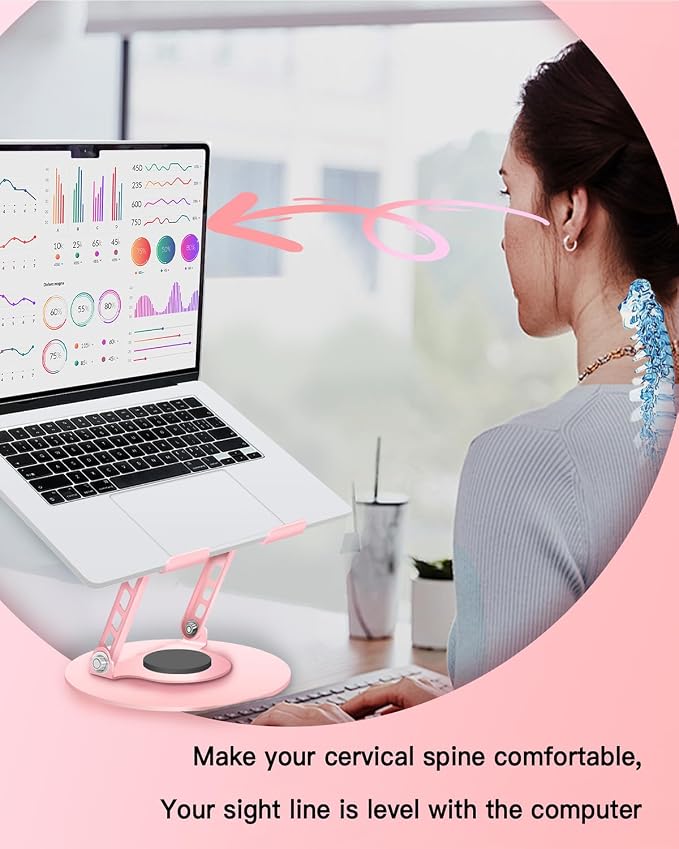 360° Rotating Adjustable Laptop Stand Perfect for Work, Painting,Office,Travel,Home,Fits MacBook & Laptops up to 13-15",Dual Rotary Shaft,Folding Design-Pink