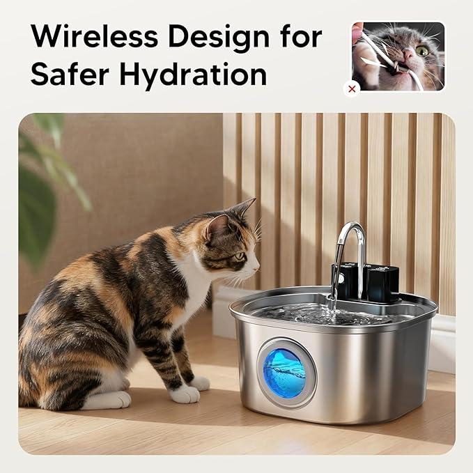 Voluas Stainless Steel Cat Water Fountain: 108oz/3.2L Wireless Cat Fountain Battery Operated for Drinking Indoor, Automatic Pet Water Dispenser Bowl with Ultra Quiet Pump, Easy Clean BPA-Free, 2Filter