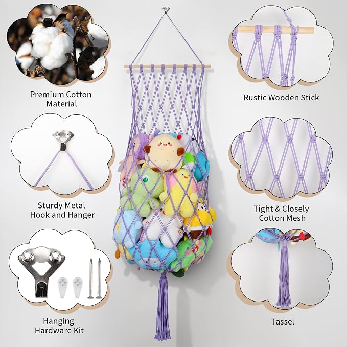 68 Inch Stuffed Animal Storage Net Corner Stuffy Hammock,Purple | Boho Macrame Large Toy Hammock for Stuffed Animals Organizer,Wall Ceiling Over Door Stuffy Storage Holder,Nursery Room Decor