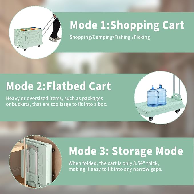 VECELO 88LHeavy-Duty 2-in-1 Foldable Utility Cart, Large Capacity Rolling Crate, Thickened Material with Silent Swivel Wheels, Dual Modes (Basket/Flatbed) for Grocery, Laundry, Camping, Green
