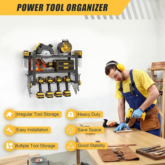 Power Tool Organizer Wall Mount, 150LBS Capacity, 3 Tier, 4 Drill Holders | 3-Tube Reinforced Design, Holds 50+ Tools, Cordless Tool Organizer, Rust Resistant, Quick Assembly, Garage Gift for Men