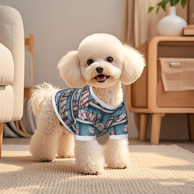 Vintage Floral Bookshelf Dog T Shirt Dogs Cats Cotton Shirts Short Sleeve Clothes Soft Stretchy Pet Costume Doggy Outfit Pullover Jumper Puppy Sweatshirt Medium