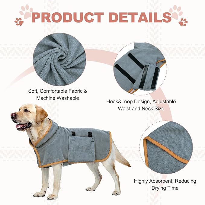 Dog Drying Coat, Dog Robes for After Bath Bathrobe Super Absorbent Towel Soft Adjustable, (XS, Gray&Orange Trim), Intended for Fast Drying Warm Keeping Pet Cats Kitten Puppies
