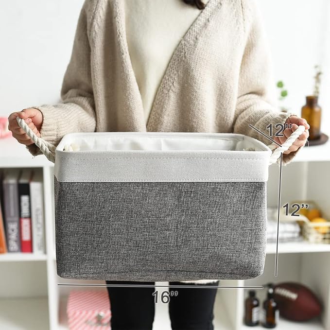 Organization and Storage Basket for Organizing - 3 Pack 16x12x12 inch Cube Storage Bin Fabric Storage Cubes for Organizer Cloth Gift Toy Closet (White & Grey)